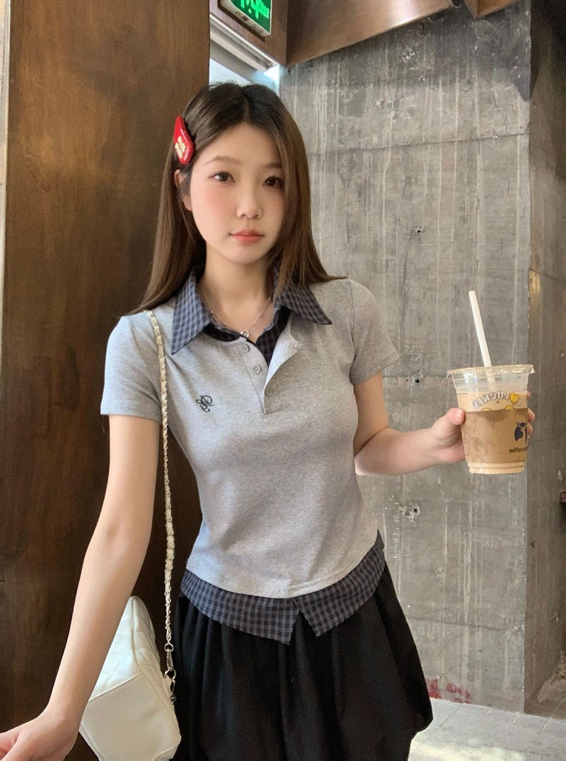 [40 210G Cotton] Embroidered Plaid Stitching Short Sleeve T-Shirt Summer College Style Polo Collar Fake Two-Piece Jacket - Image 3