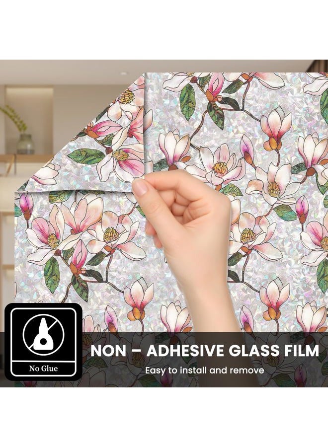 FEOMOS Stained Glass Window Film, Decorative Floral Window Privacy Film with Sun & UV Heat Blocking, Rainbow Window Covering Magnolia Sticker for Home 17.7 x 78.7 inches - Image 5
