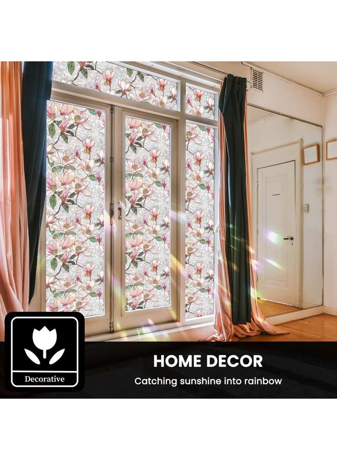 FEOMOS Stained Glass Window Film, Decorative Floral Window Privacy Film with Sun & UV Heat Blocking, Rainbow Window Covering Magnolia Sticker for Home 17.7 x 78.7 inches - Image 2