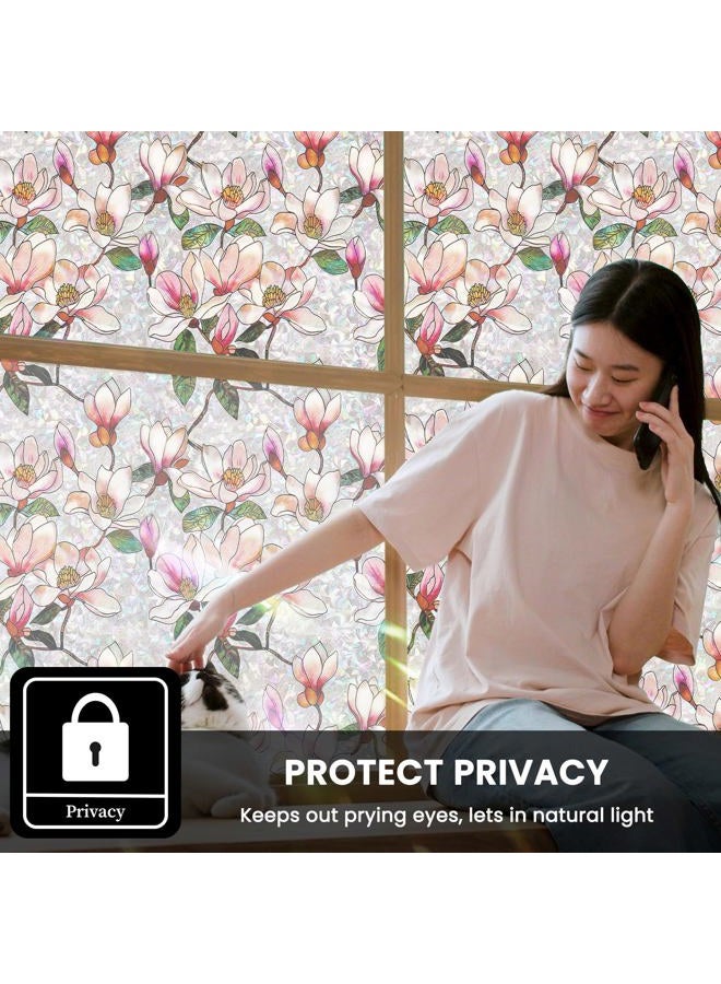 FEOMOS Stained Glass Window Film, Decorative Floral Window Privacy Film with Sun & UV Heat Blocking, Rainbow Window Covering Magnolia Sticker for Home 17.7 x 78.7 inches - Image 3