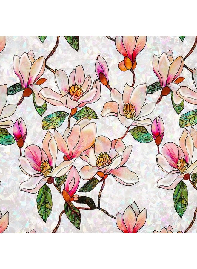 FEOMOS Stained Glass Window Film, Decorative Floral Window Privacy Film with Sun & UV Heat Blocking, Rainbow Window Covering Magnolia Sticker for Home 17.7 x 78.7 inches - Image 1