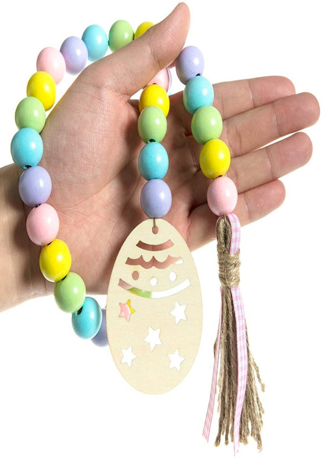Easter Wood Bead Garland with Tassels Boho Wood Bead String 2.78-Feet with Easter Egg Cutout Farmhouse Rustic Country Wall Hanging Easter Home Decor - Image 1