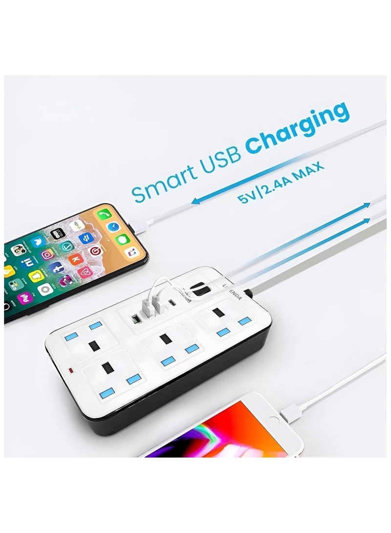 LEYENDA 3-Way 5M Extension Socket Power Strip | 8 Output Multi-Plug Extension (3 AC + 4 USB + 1 Type-C) | 2500W Surge Protected Power Hub | Universal Plug Adapter for Home, Office & Electronics - Image 2