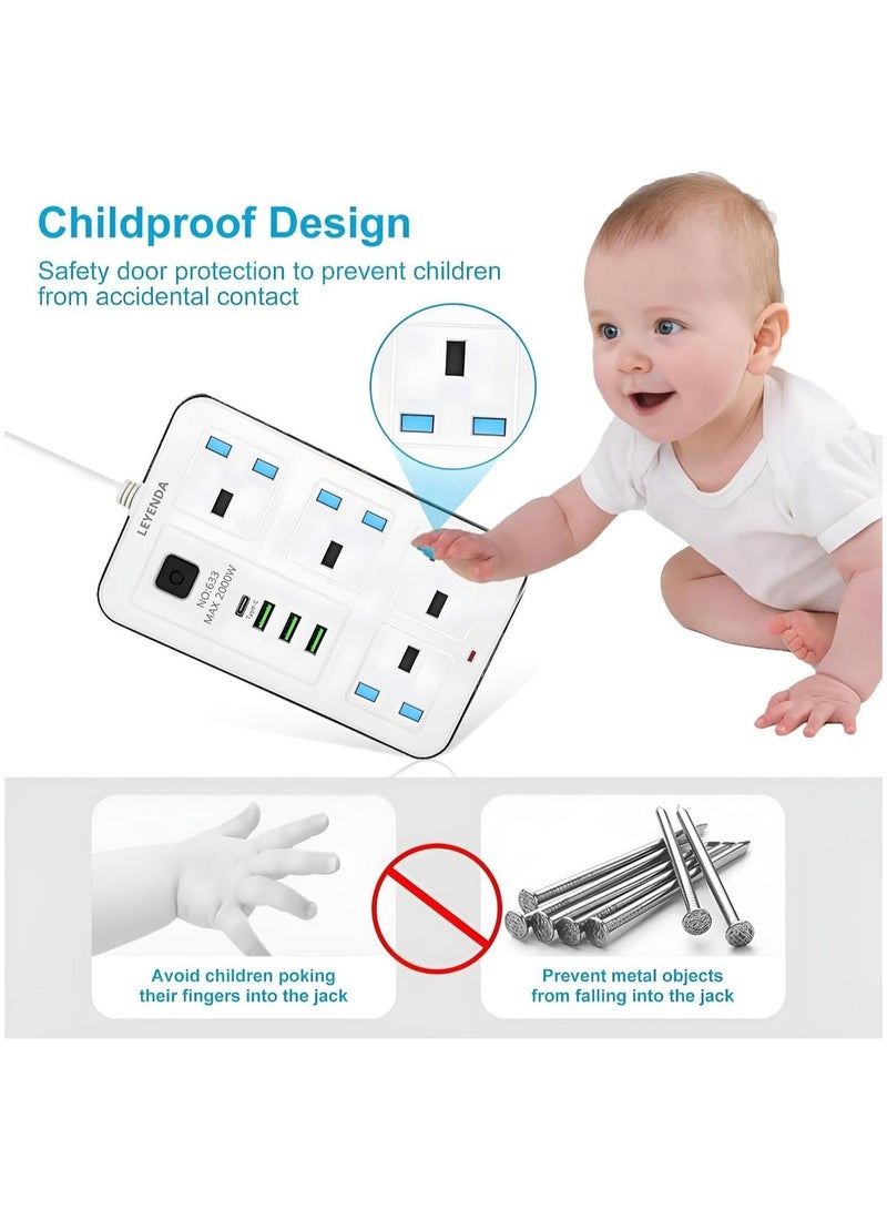 LEYENDA 3-Way 5M Extension Socket Power Strip | 8 Output Multi-Plug Extension (3 AC + 4 USB + 1 Type-C) | 2500W Surge Protected Power Hub | Universal Plug Adapter for Home, Office & Electronics - Image 3