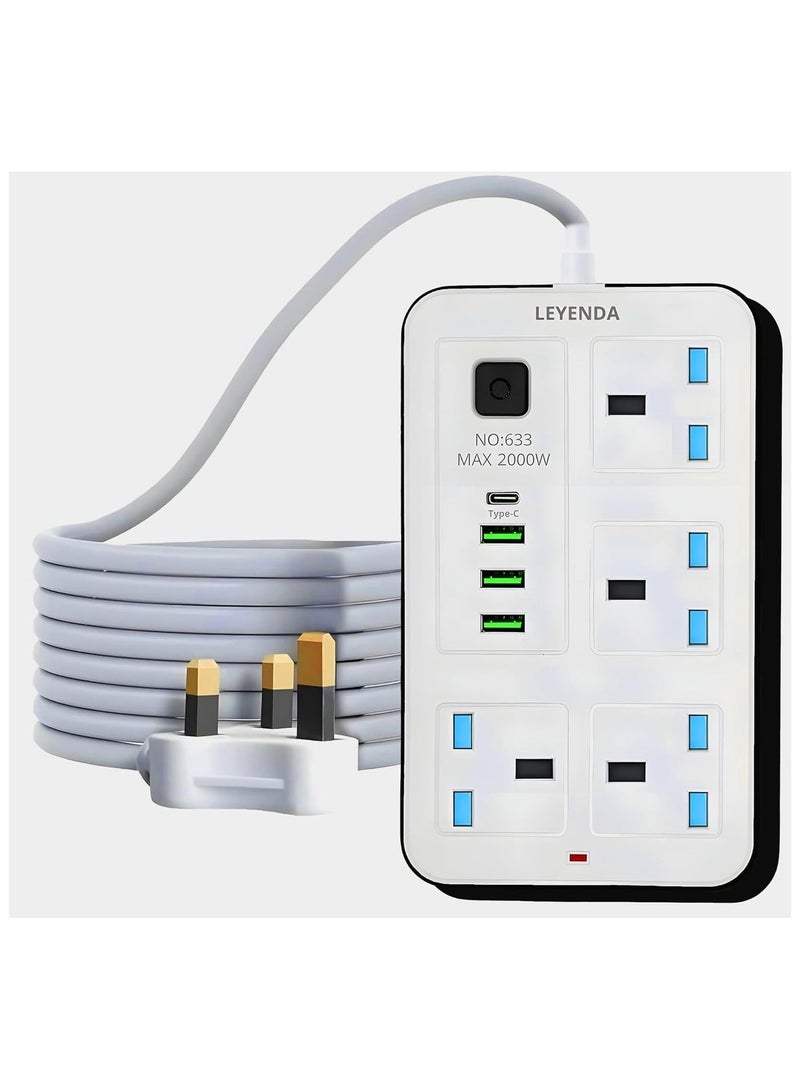 LEYENDA 3-Way 5M Extension Socket Power Strip | 8 Output Multi-Plug Extension (3 AC + 4 USB + 1 Type-C) | 2500W Surge Protected Power Hub | Universal Plug Adapter for Home, Office & Electronics - Image 1