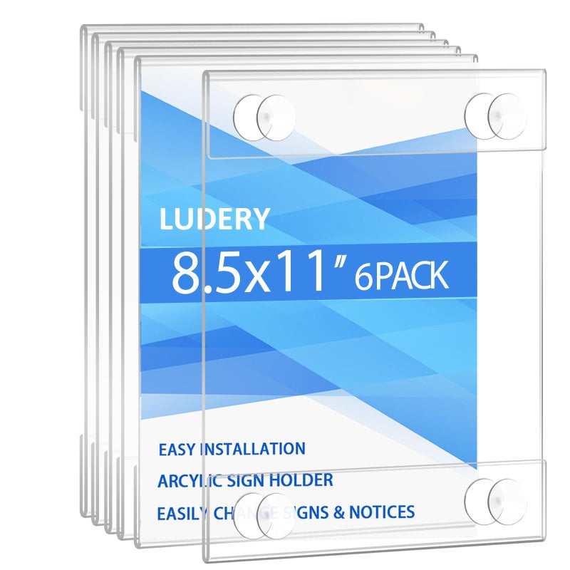 Ludery Acrylic Window Sign Holder 8.5 x 11 with 4 Suction Cups,Clear Acrylic Frames Glass Window Wall Mount,Advertising Signage Sign Holder for Mall, Office, Home, Store, Restaurant (6 Pack) - Image 1
