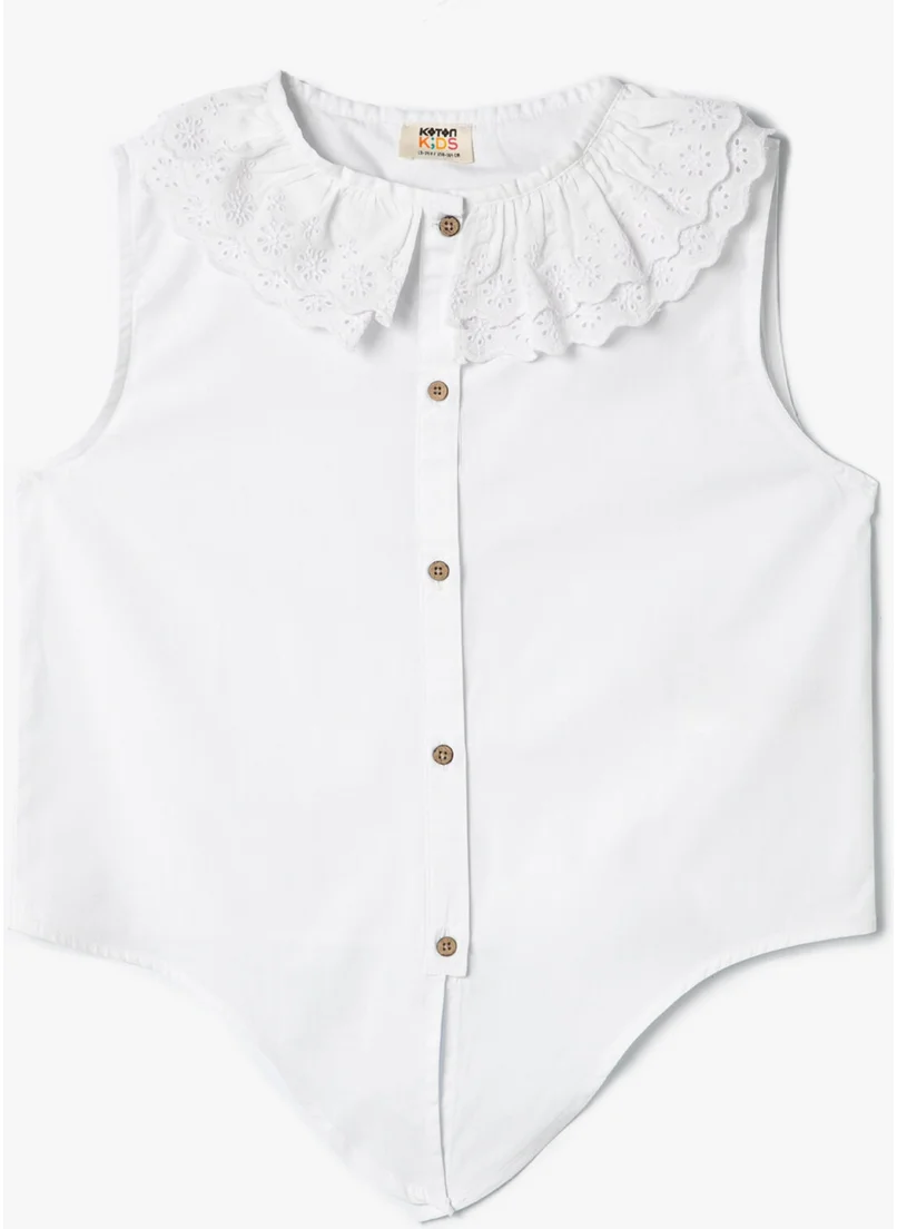 كوتون Cotton Blouse Sleeveless Lace Collar Button Detailed Cotton