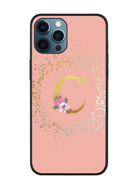Rugged Black edge case for Apple iPhone 12 Pro Max Slim fit Soft Case Flexible Rubber Edges TPU Gel Thin Cover - Custom Monogram Initial Letter Floral Pattern Alphabet - C (Rose Pink)