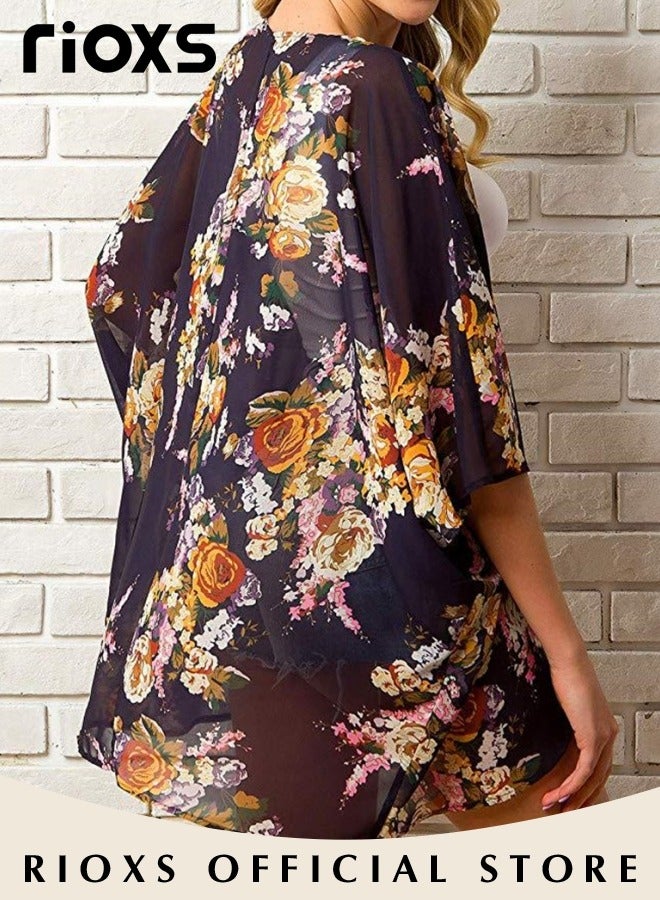 RIOXS Women Casual Floral Print Beach Cover Ups Short Sleeve Kimono Cardigan Loose Beach Swimsuit Dress  - Image 2