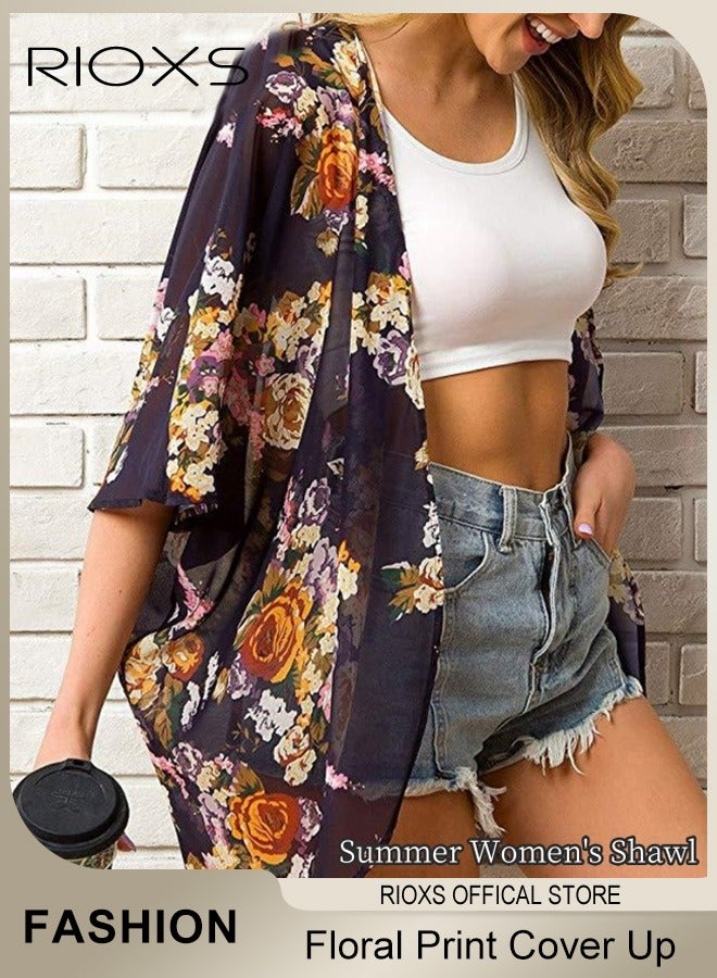 RIOXS Women Casual Floral Print Beach Cover Ups Short Sleeve Kimono Cardigan Loose Beach Swimsuit Dress  - Image 1