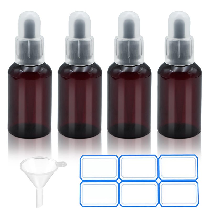 AskBed 4 Pack 2 Oz (50ml) Amber Plastic Essential Dropper Bottles with Funnel, Labels for Liquid Storage - Image 1