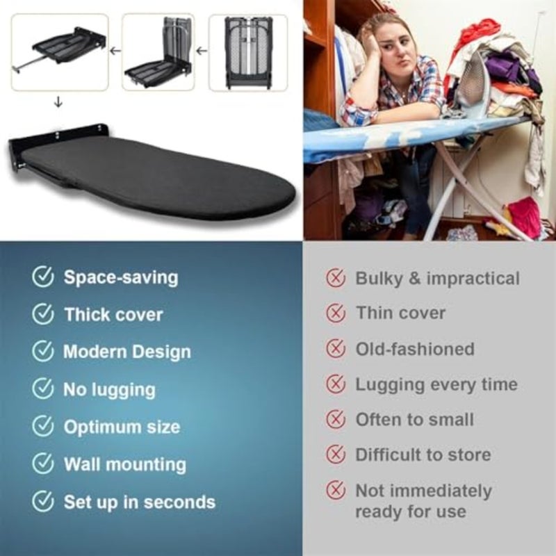 Wall-Mounted Foldable Ironing Board, 92 * 31cm Fold Down Ironing Board with Heat Resistant Cover, Retractable Space-Saving Iron Table for Home, Apartment and Dorms, Easy-Release Lever Black - Image 3