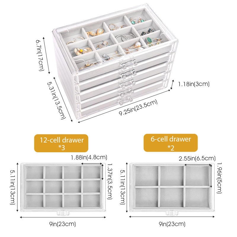 ProCase Earring Holder Organizer Jewelry Box with 5 Drawers, Acrylic Clear Earring Case with Adjustable Velvet Trays for Women - Grey, 5 Layers - Image 4