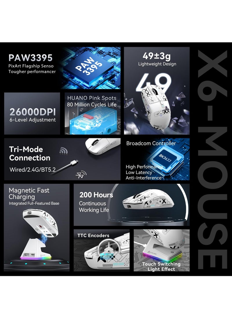 Attack Shark - X6 Lightweight Wireless Gaming Mouse with RGB Backlight Charging Base,Tri-Mode Wired/2.4GHz/BT5.2,26K DPI, PAW3395 Optical Sensor,HUANO Switch,5programmable Buttons - Image 1