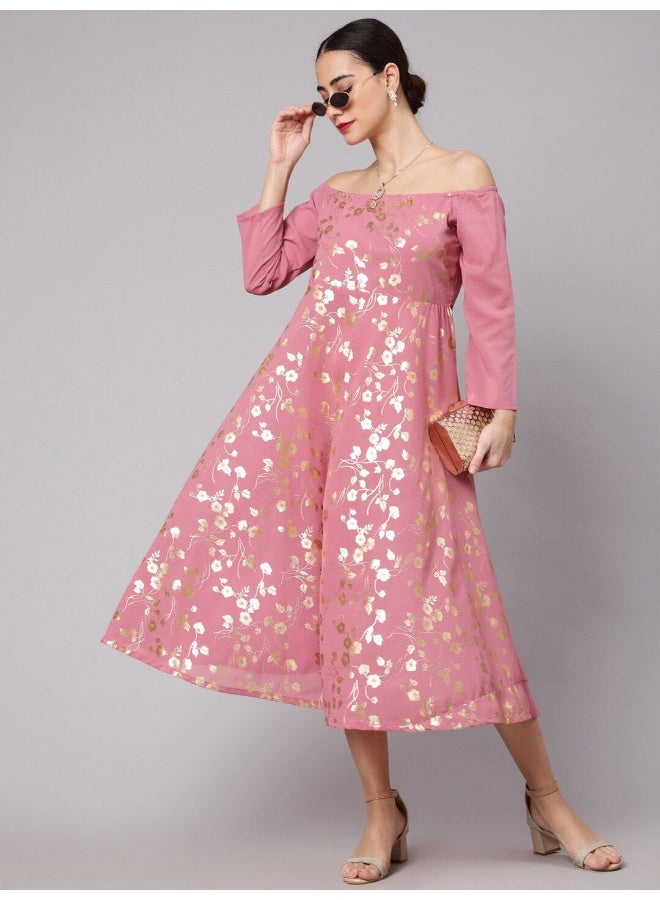 AKS فستان وردي مزخرف بالأزهار بدون أكتاف - Image 1