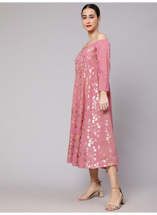 AKS فستان وردي مزخرف بالأزهار بدون أكتاف - Image 5