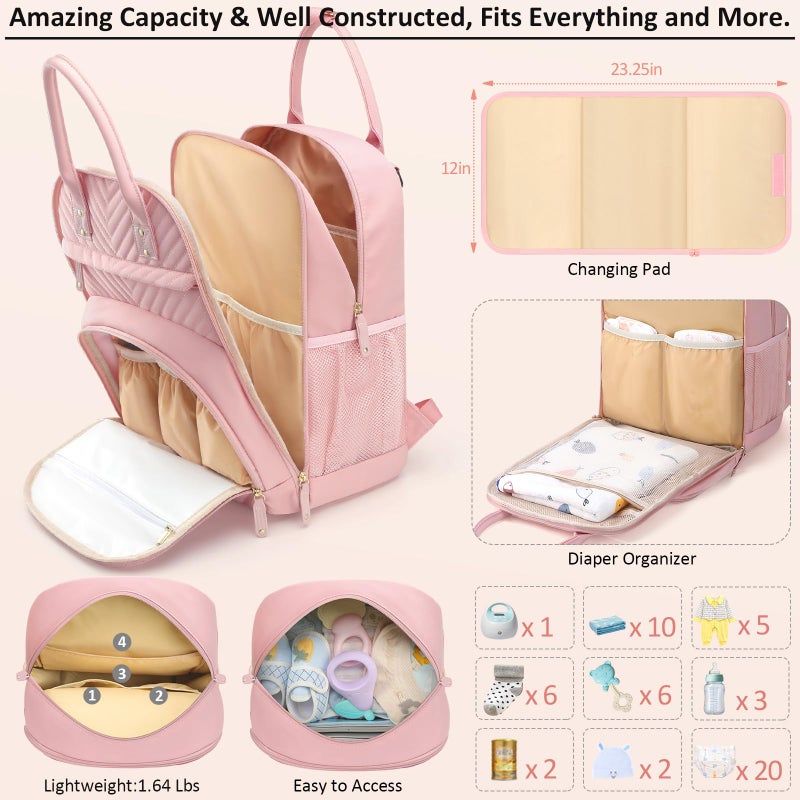 Tenot Diaper Bag Backpack for Women with Changing Pad, Baby Bag with Insulated Pockets Multifunctional Diaper Bags For Baby Girl Boy Waterproof Baby Bags For Boys Girls Maternity Bag Baby Pink - Image 3