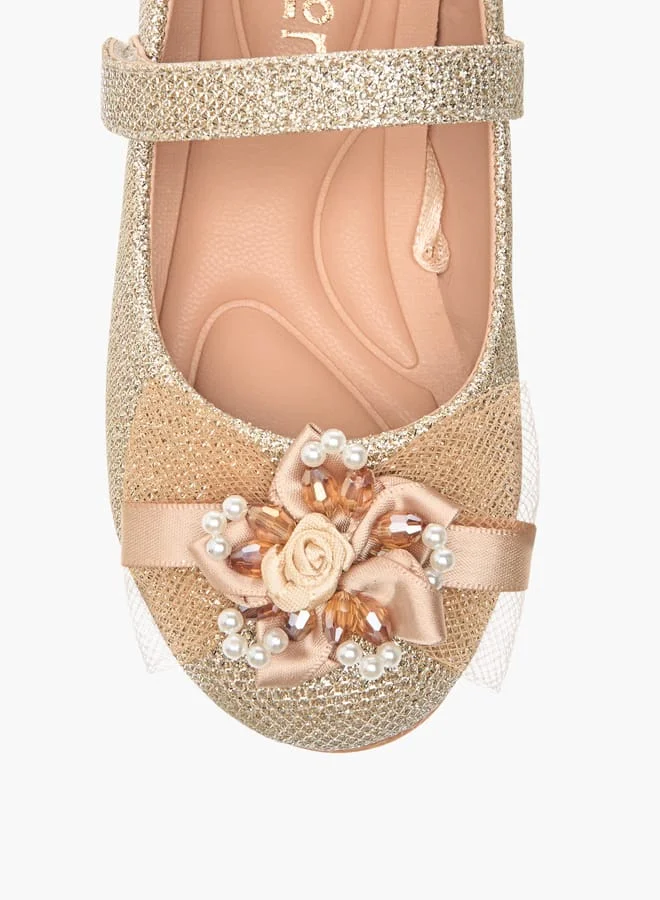 JUNIORS Girls Floral Embellished Ballerina Shoes With Hook And Loop Closure