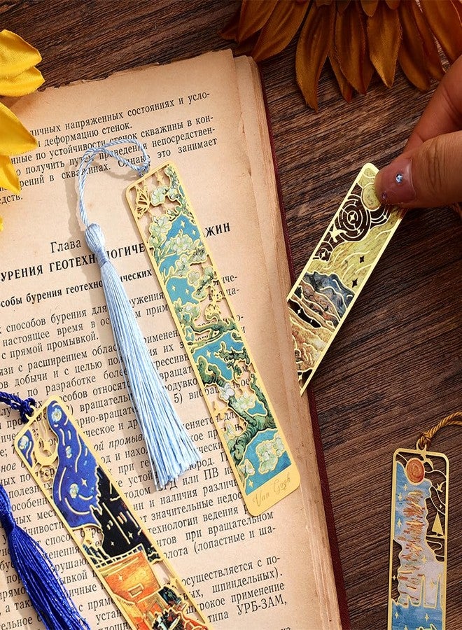 icceemee 12 Pieces of Gold Hollow Bookmarks with Tassels, Featuring Van Gogh and Monet Oil Painting Themes. Perfect for Book Lovers, Writers, Readers, Children, Teenagers, Men, Women, and Adults. - Image 2