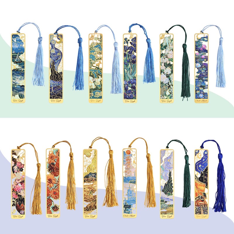 icceemee 12 Pieces of Gold Hollow Bookmarks with Tassels, Featuring Van Gogh and Monet Oil Painting Themes. Perfect for Book Lovers, Writers, Readers, Children, Teenagers, Men, Women, and Adults. - Image 1