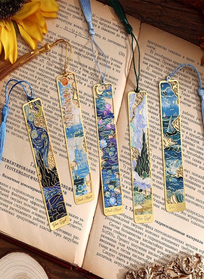 icceemee 12 Pieces of Gold Hollow Bookmarks with Tassels, Featuring Van Gogh and Monet Oil Painting Themes. Perfect for Book Lovers, Writers, Readers, Children, Teenagers, Men, Women, and Adults. - Image 4