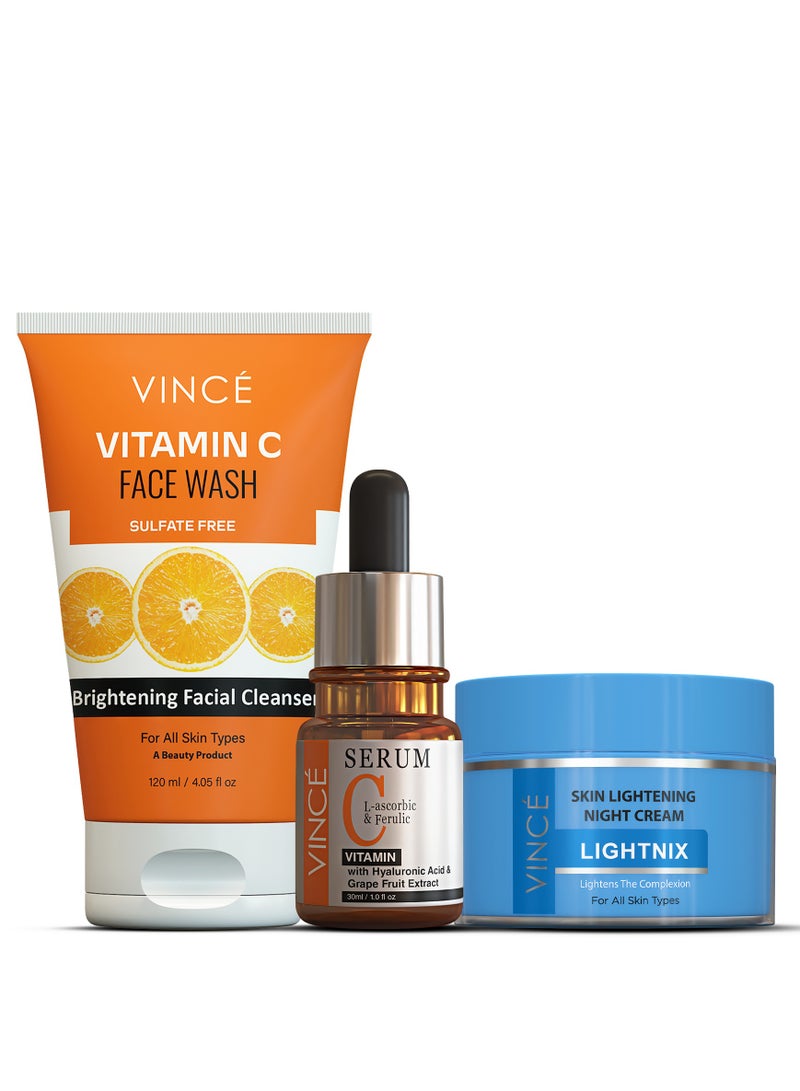 فينس مجموعة الليل - غسول الوجه بفيتامين سي 120 مل + مصل فيتامين سي 30 مل + كريم الليل 50 مل - يفتح البشرة ويزيل البقع الداكنة والبهتان والتصبغ - يرطب ويوحد لون البشرة طوال الليل - Image 1