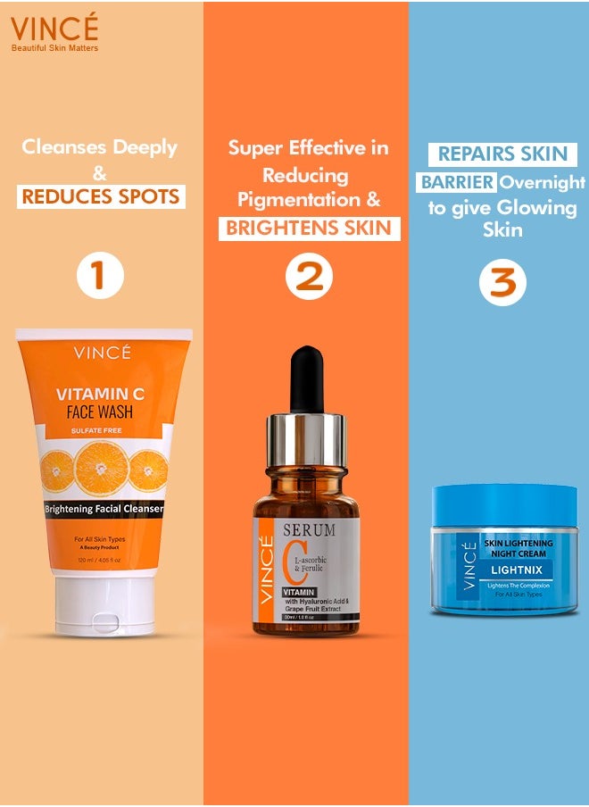 VINCE - Night Bundle - Vitamin C Face Wash 120ml + Vitamin C Serum 30ml + Night Cream 50ml – Brightens Complexion, Removes Dark Spots, Dullness, & Pigmentation – Hydrates and Evens Skin Tone Overnight - Image 1