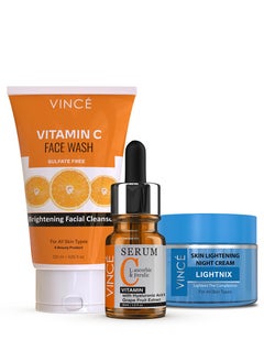 VINCE Night Bundle - Vitamin C Face Wash 120ml + Vitamin C Serum 30ml + Night Cream 50ml – Brightens Complexion, Removes Dark Spots, Dullness, & Pigmentation – Hydrates and Evens Skin Tone Overnight  - Image 1