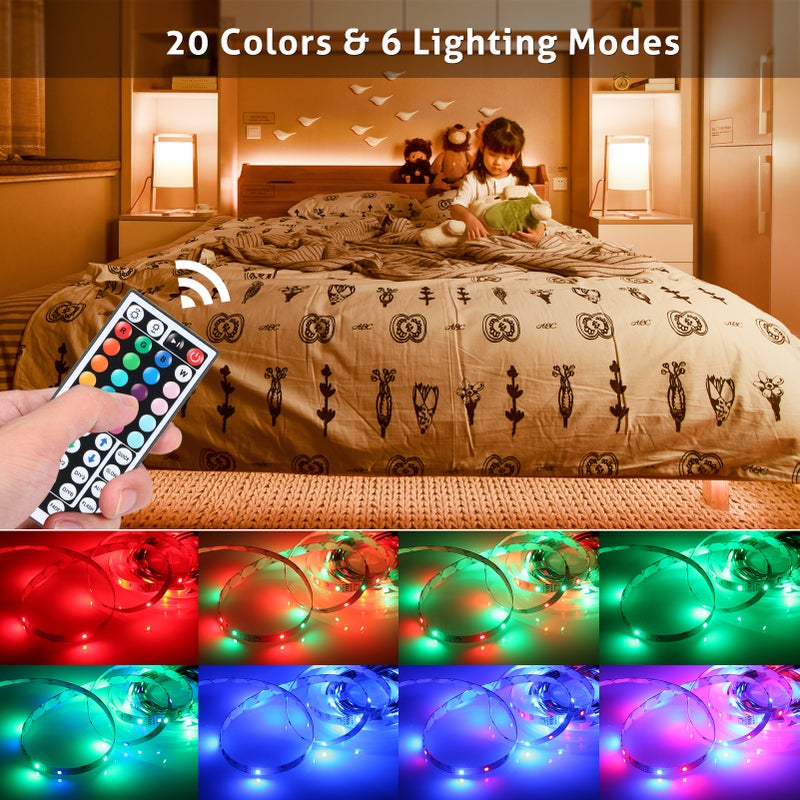 LEDs Strip Light Set USB RGB Flexible LED Rope Lighting with 44-Keys Remote Controller 20 Colors & 6 Light Modes Cuttable Self-adhesive LEDs Strips for Home Party Decoration Restaurant KTV Club DIY - Image 2