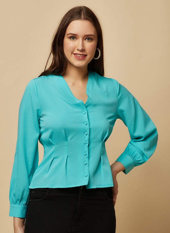 RAASSIO Pleated Crepe Top in Turquoise for Women - Image 1