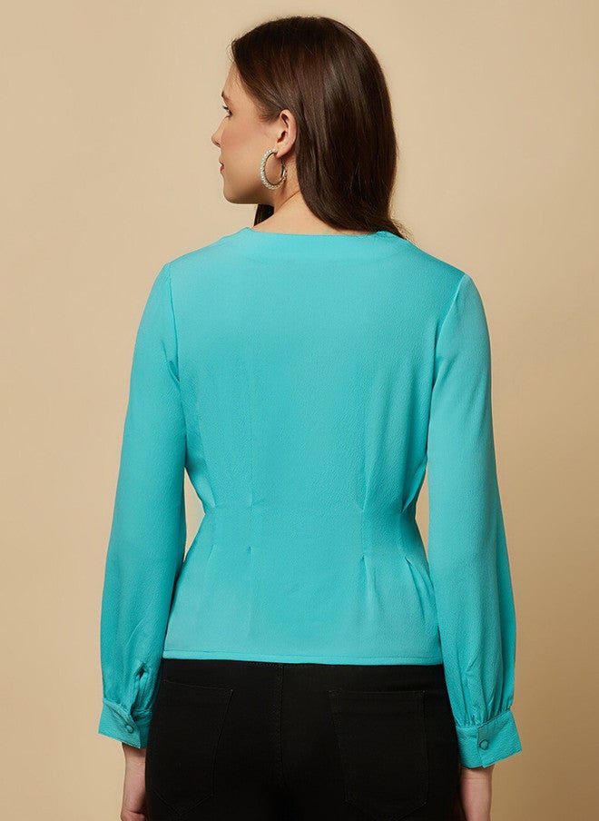 RAASSIO Pleated Crepe Top in Turquoise for Women - Image 5