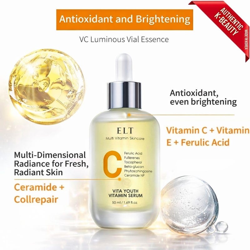 ELT Vita Youth Vitamin C Face Serum 1.69fl.oz.(50ml) -Korean Ferulic Acid, Beta-Glucan - Skin Brightening, Anti-Aging, Dark Spot Remover - K-Beauty Skincare (Pack of 1) - Image 3