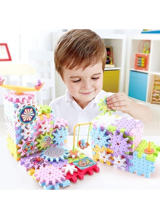 لعبة مكعبات بناء تروس للأولاد والبنات بعمر 3 4 5 6 سنوات فما فوق، ألعاب مكعبات بلاستيك للتركيب بنفسك، مكعبات تعليمية ممتعة، متشابكة، عبوة من 83 قطعة - Image 2