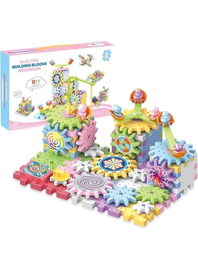 لعبة مكعبات بناء تروس للأولاد والبنات بعمر 3 4 5 6 سنوات فما فوق، ألعاب مكعبات بلاستيك للتركيب بنفسك، مكعبات تعليمية ممتعة، متشابكة، عبوة من 83 قطعة - Image 3