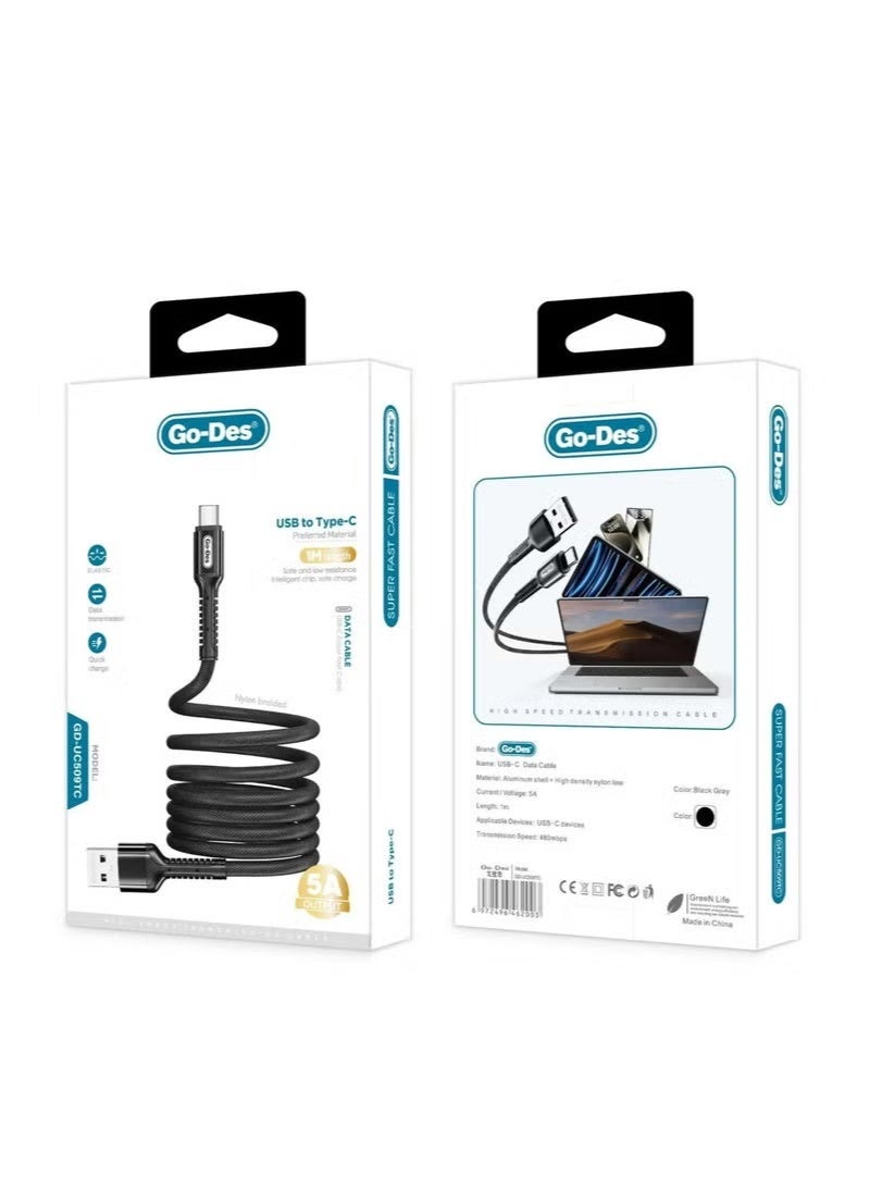 جو-ديز كابل بيانات شحن فائق السرعة من USB إلى C-Type سلك مضفر من النايلون متوافق مع سامسونج وهواوي بطول 1 متر - أسود - Image 3