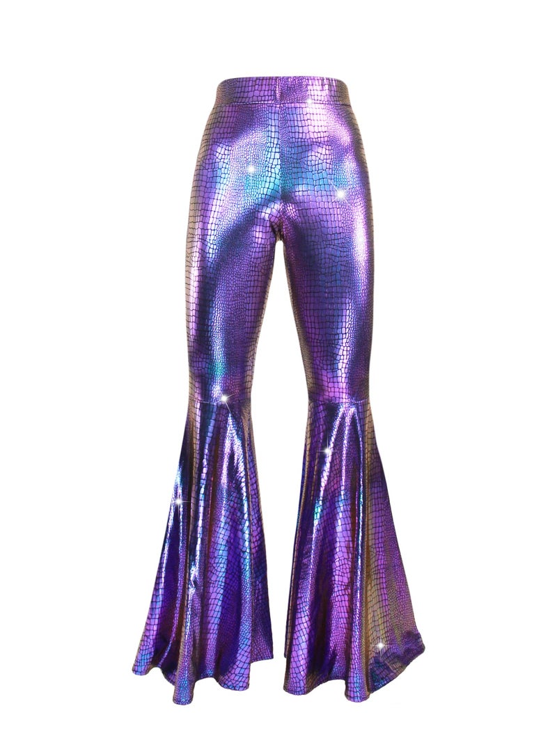 Nawgut Womens Sequin Flare Pant Sparkly High Waisted Leg Bell Bottom Glitter Trousers Night Out Clubwear-Large - Image 3