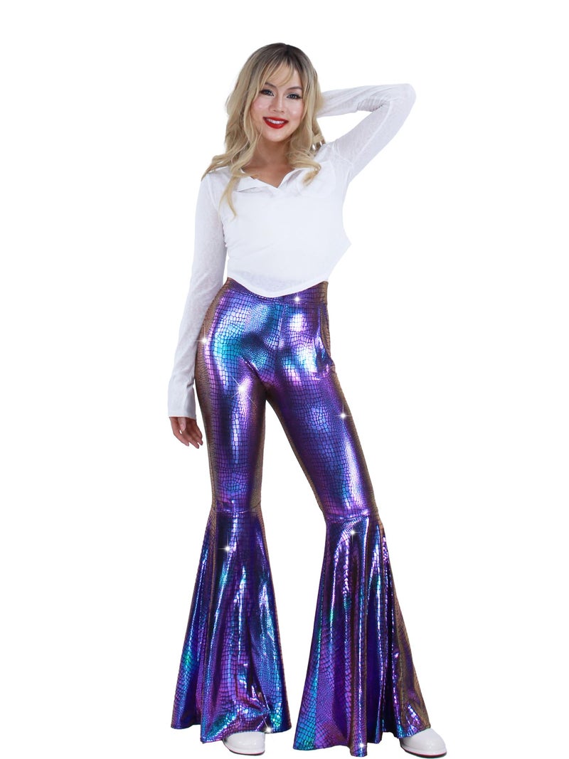 Nawgut Womens Sequin Flare Pant Sparkly High Waisted Leg Bell Bottom Glitter Trousers Night Out Clubwear-Large - Image 2