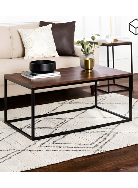 طاولة قهوة مستطيلة بإطار معدني وسطح خشبي