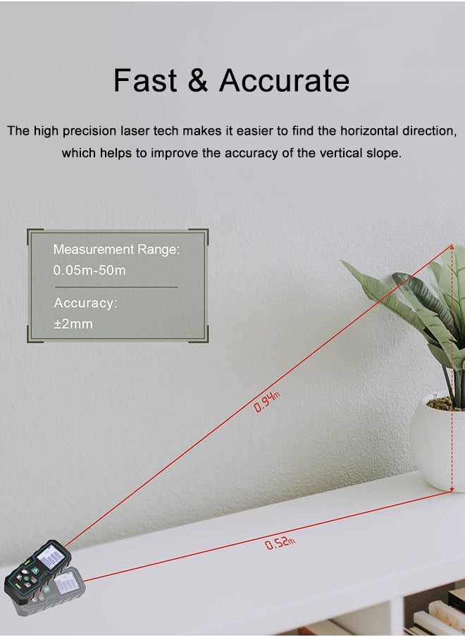 INKBIRD INKBIRD Laser Distance Meter 50M Laser Measure 10 Sets Data Storage M/in/Ft Unit Switch Backlit LCD Measure Distance Area and Volume Class 2M II Battery Included  - Image 3