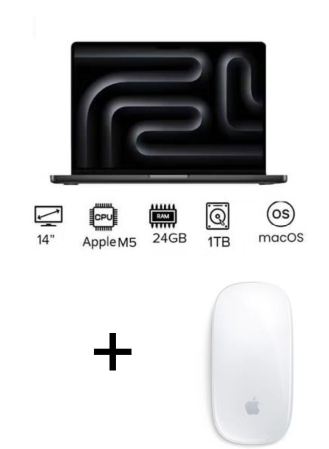 Apple MacBook Pro MDE34 Laptop with 14 Inch Full HD  / M5 chip with 10-core CPU, 10-core GPU / 24 Gigabyte / 1 Terabyte SSD / Integrated Graphic card / English/Arabic Keyboard with apple Magic Mouse (USB-C Port) - White English/Arabic Space Black - Image 1