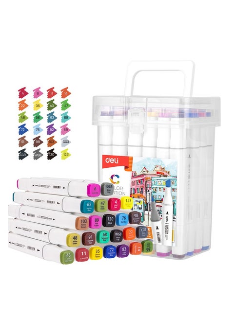 Deli E70801-24 COLOR EMOTION 24-Color Art Markers - Dual Tip, Square Barrel - Beginner Artist Set for Sketching & Coloring (24PCS/PP Box)