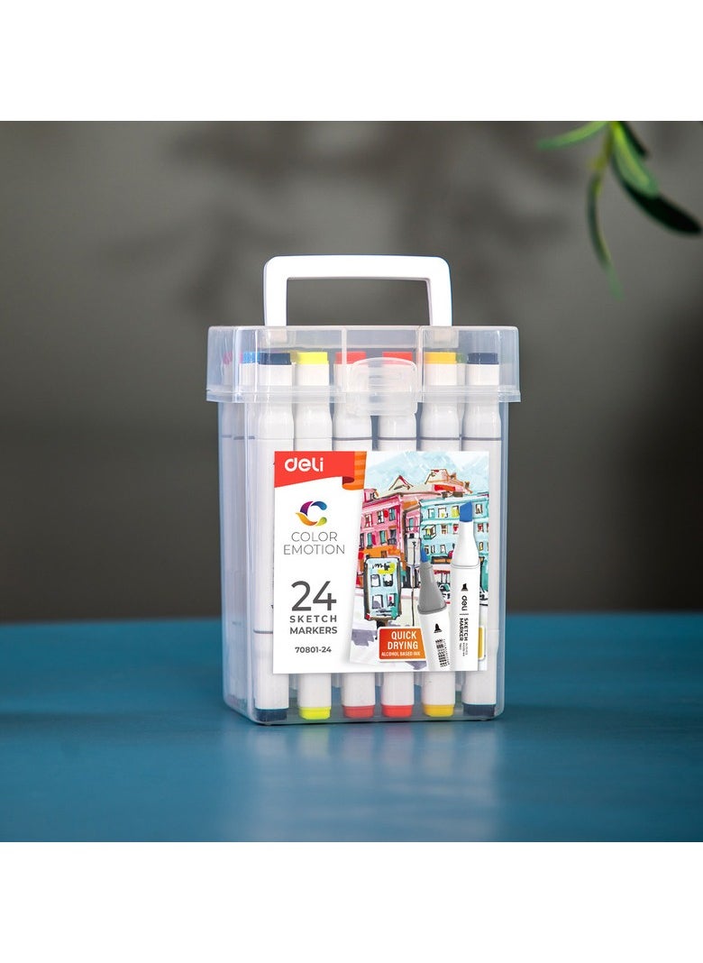 Deli E70801-24 COLOR EMOTION 24-Color Art Markers - Dual Tip, Square Barrel - Beginner Artist Set for Sketching & Coloring (24PCS/PP Box)