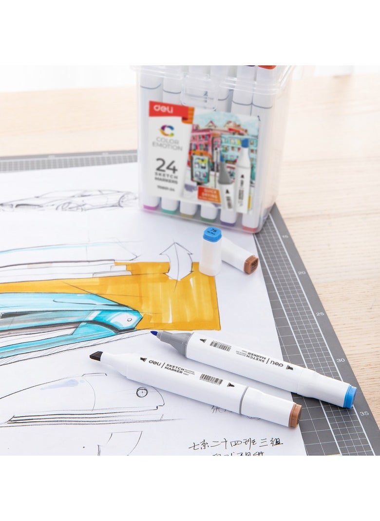 Deli E70801-24 COLOR EMOTION 24-Color Art Markers - Dual Tip, Square Barrel - Beginner Artist Set for Sketching & Coloring (24PCS/PP Box)
