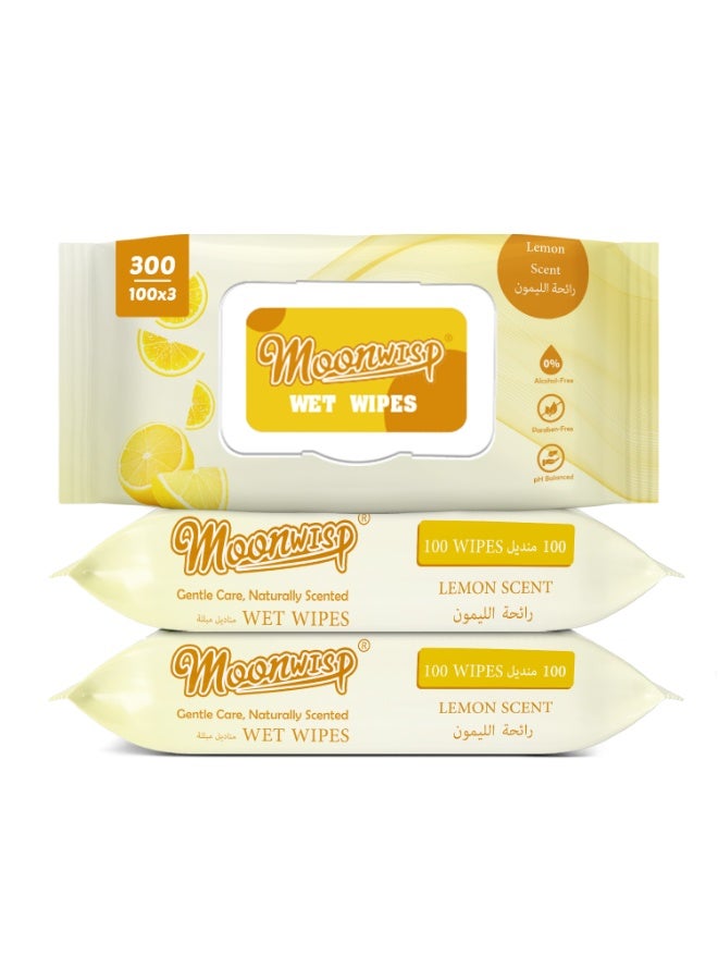 Moonwisp Wet Wipes for Cleaning & Hand Sanitizing, Lemon Scented, All Purpose, Moisturizing Wet Tissue for Face & Body, Travel-Friendly Wipes for Adults & Kids - (300 Count - Pack 3) - Image 1