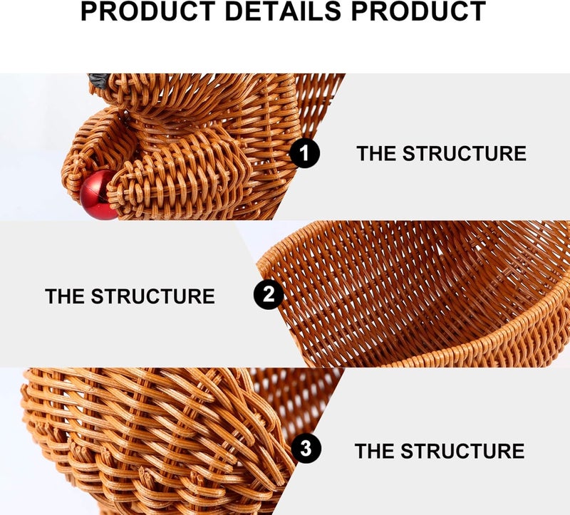Cabilock Rattan Fruit Baskets Squirrel Shape Woven Bread Baskets Wicker Food Tray Fruit Serving Display Bowl Weaving Storage Organizer for Snacks - Image 2