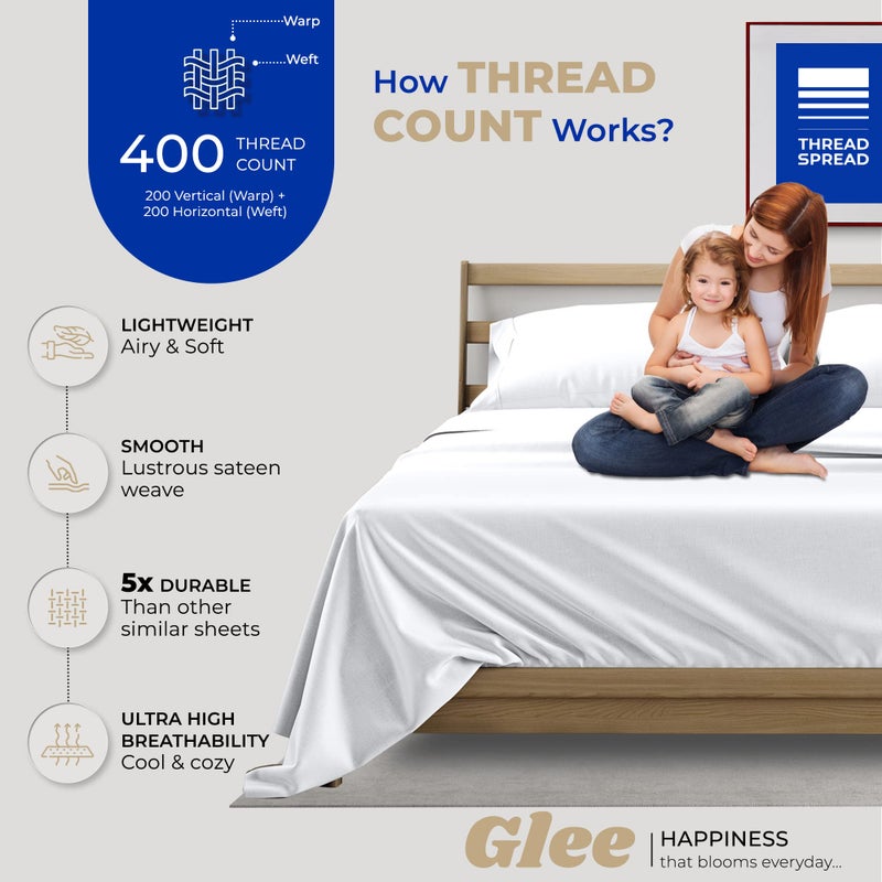 THREAD SPREAD 100% Cotton Bed Sheets Queen Set - 400 Thread Count Cotton Queen Sheets Only, 4 PC Set (White), Ultra Soft, Breathable, Cooling, Sateen Weave 16" Deep Pocket Bedsheet for Hot Sleepers - Image 2