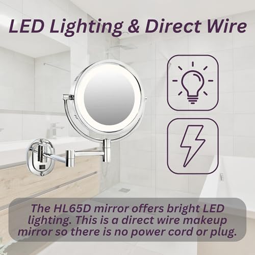 JERDON Wall-Mounted Makeup Mirror with 5X Magnification - Chrome Makeup Mirror with LED Lights - Direct Wire - Model HL65CD - Image 2