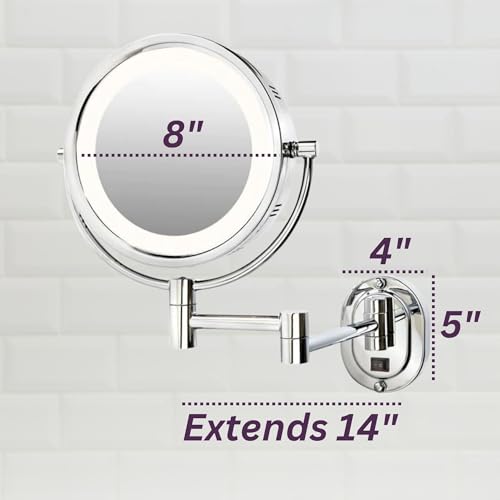 JERDON Wall-Mounted Makeup Mirror with 5X Magnification - Chrome Makeup Mirror with LED Lights - Direct Wire - Model HL65CD - Image 3
