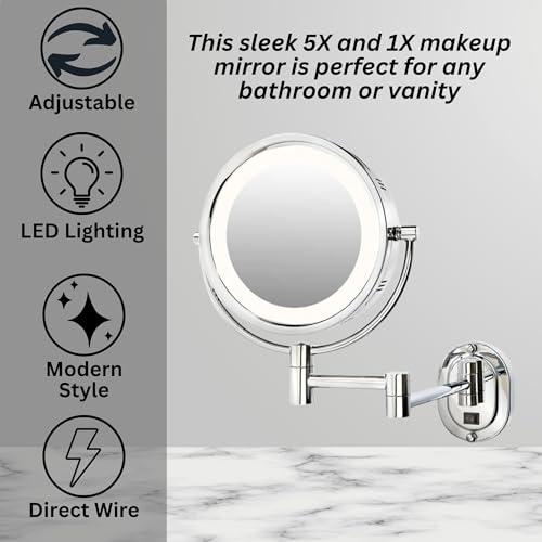 JERDON Wall-Mounted Makeup Mirror with 5X Magnification - Chrome Makeup Mirror with LED Lights - Direct Wire - Model HL65CD - Image 5