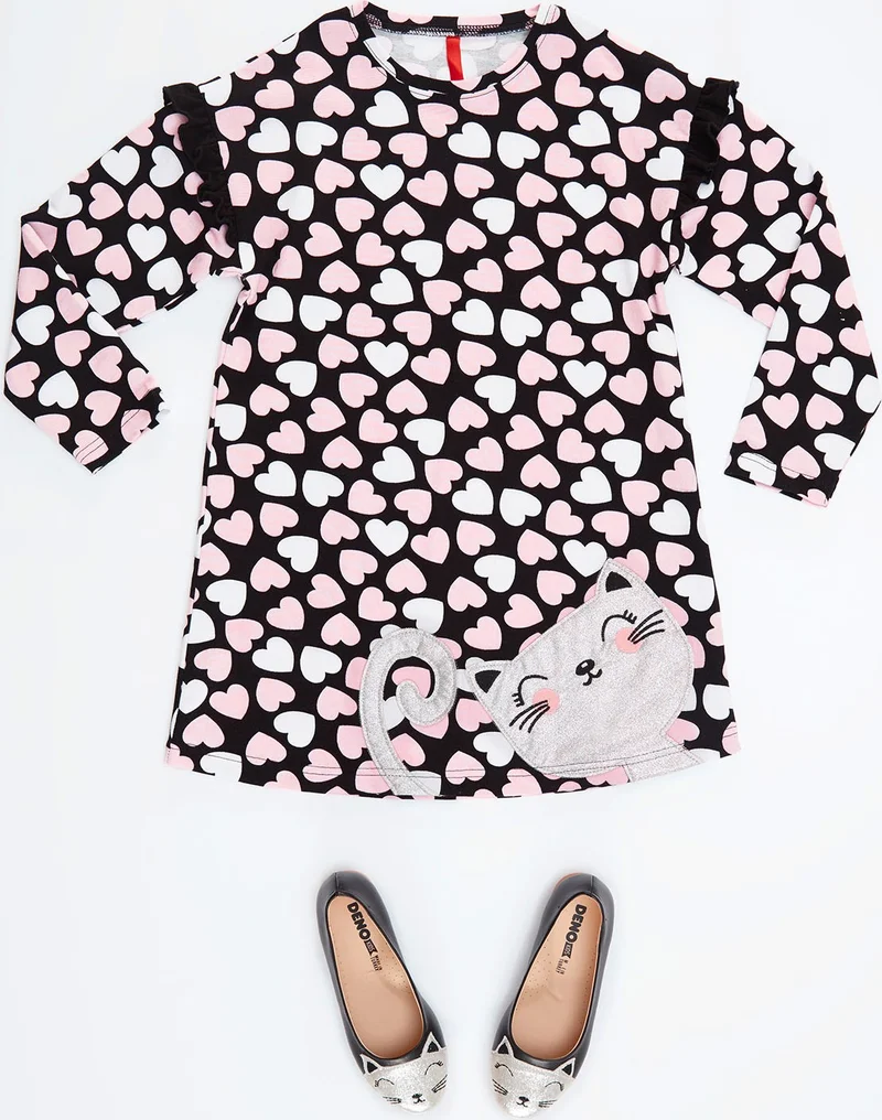 Denokids Heart Print Cat Dress